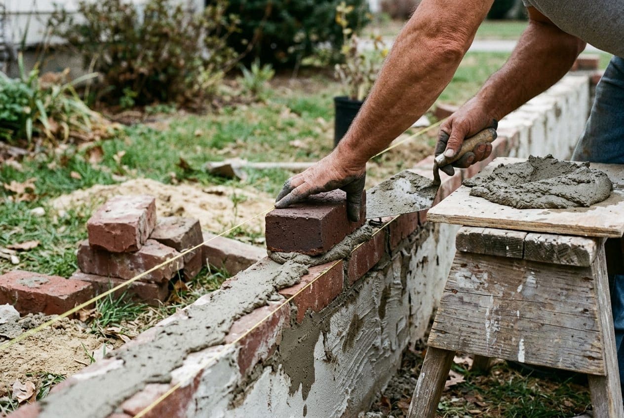 Hands setting a brick in fresh mortar along a string line on a low garden wall.