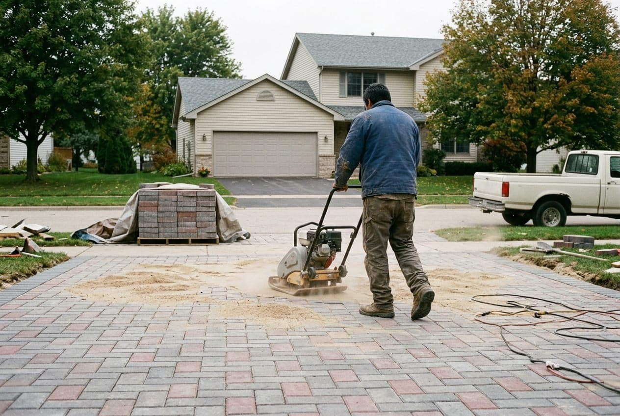A worker running a plate compactor over a new paver driveway, a pallet of pavers behind him.