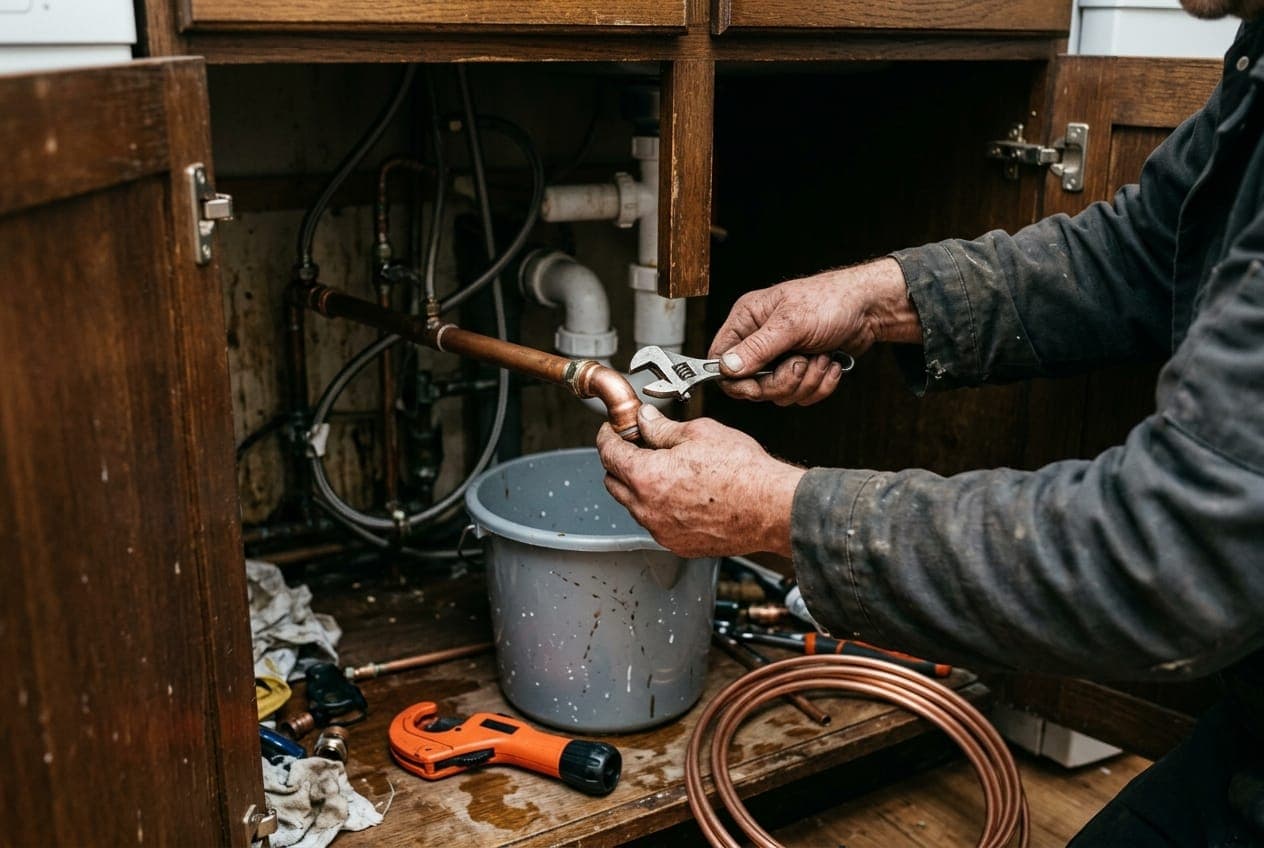 A plumber's hands fitting a copper elbow onto the pipes under an open kitchen sink.