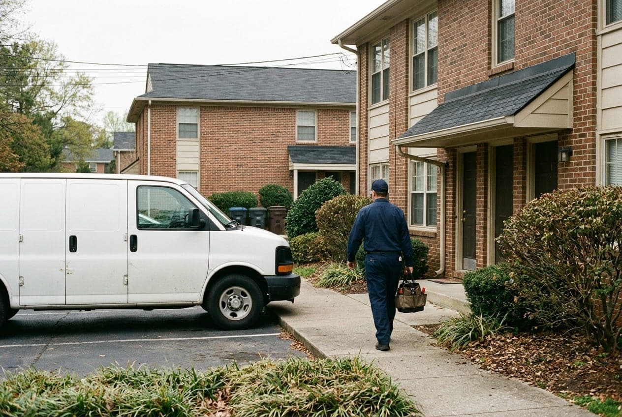 A technician carrying a tool bag from a white van toward the door of a brick apartment building.