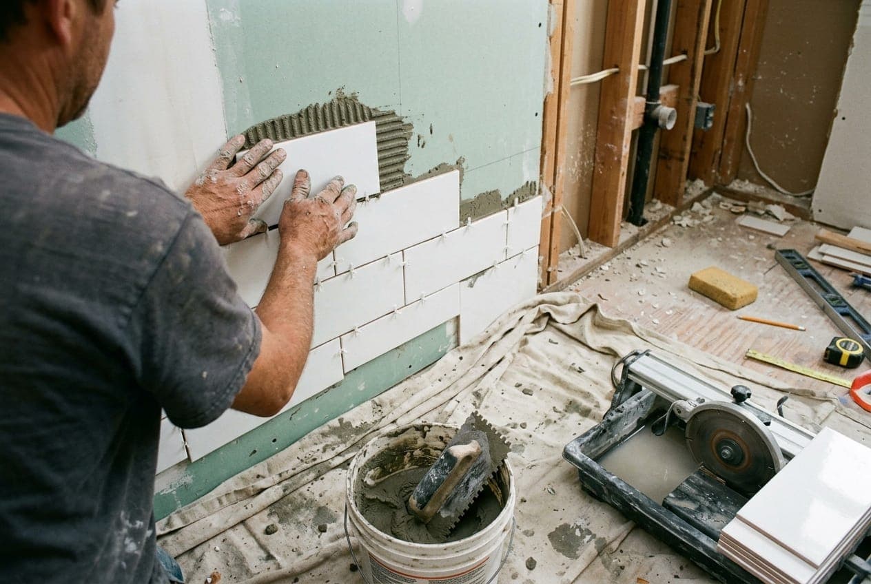 A tile setter pressing white subway tile onto a gutted bathroom wall, a tile saw and a bucket of thin-set on the drop cloth beside him.
