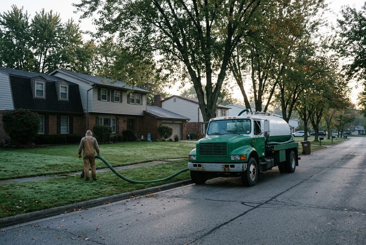 A pump truck at a suburban curb at dawn, its hose running across the front lawn to a worker by the house.